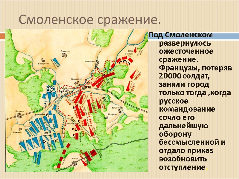 Под Смоленском развернулось ожесточенное сражение. Французы, потеряв 20000 солдат, заняли город только тогда ,когда